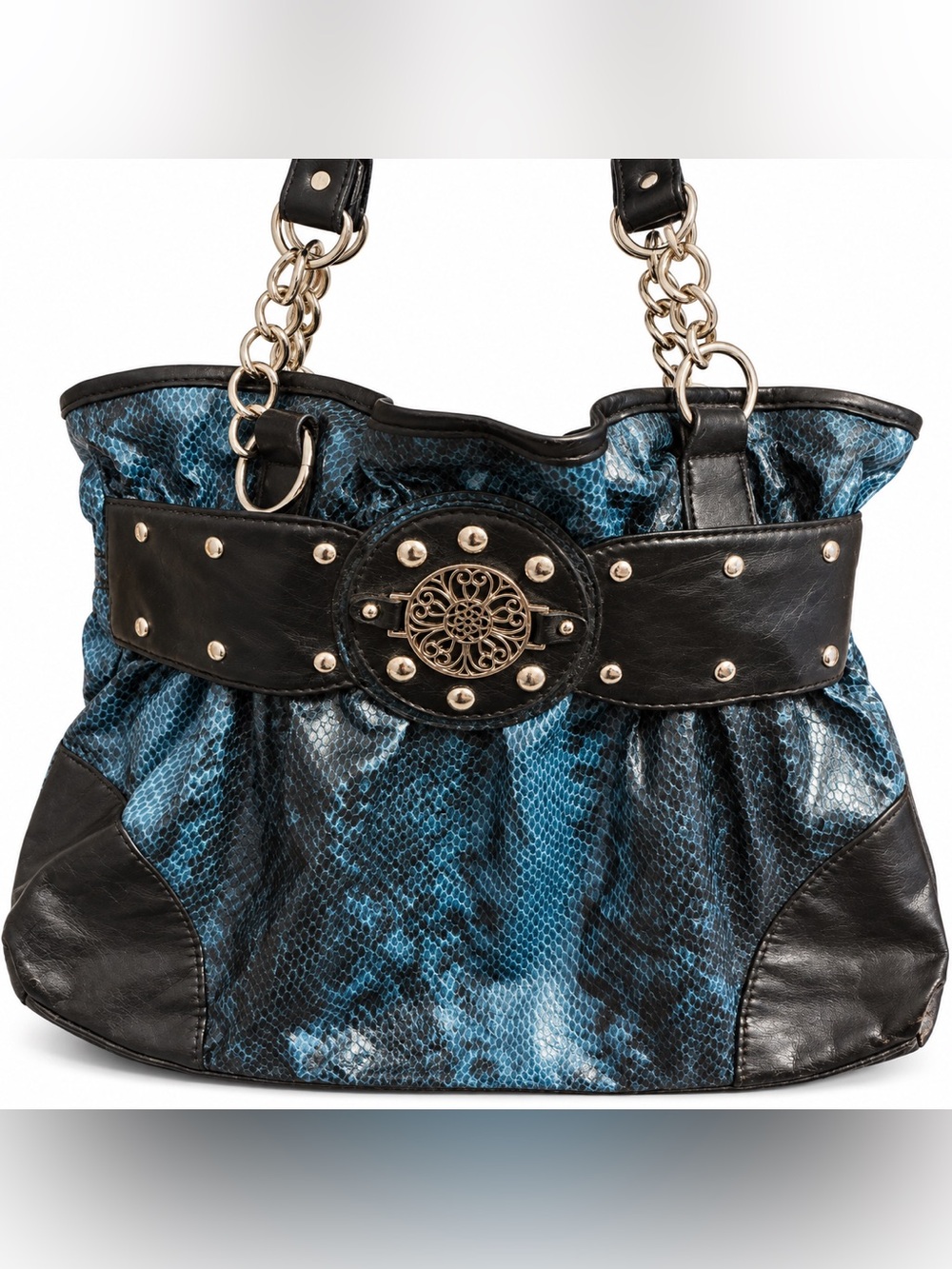 Blue & Black Snakeskin Print Studded Chain Strap Shoulder Bag - Picture 2 of 4